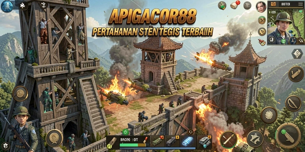Tampilan gameplay menarik dari APIGACOR88 dengan menara yang strategis.