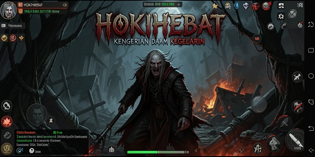 Tampilan gameplay HOKIHEBAT dengan atmosfer menyeramkan.